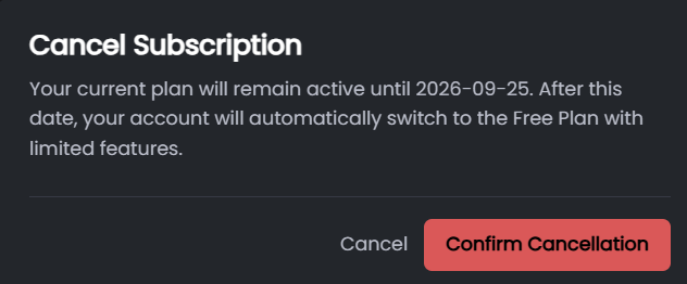 Cancellation confirmation window with red Confirm Cancellation button