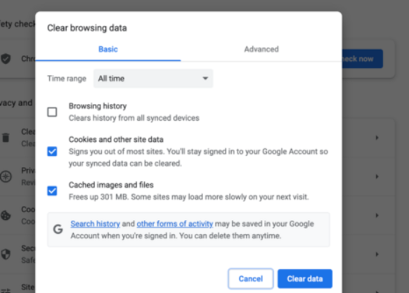 Browser settings window showing the Clear browsing data dialog with options for history, cookies, and cached files