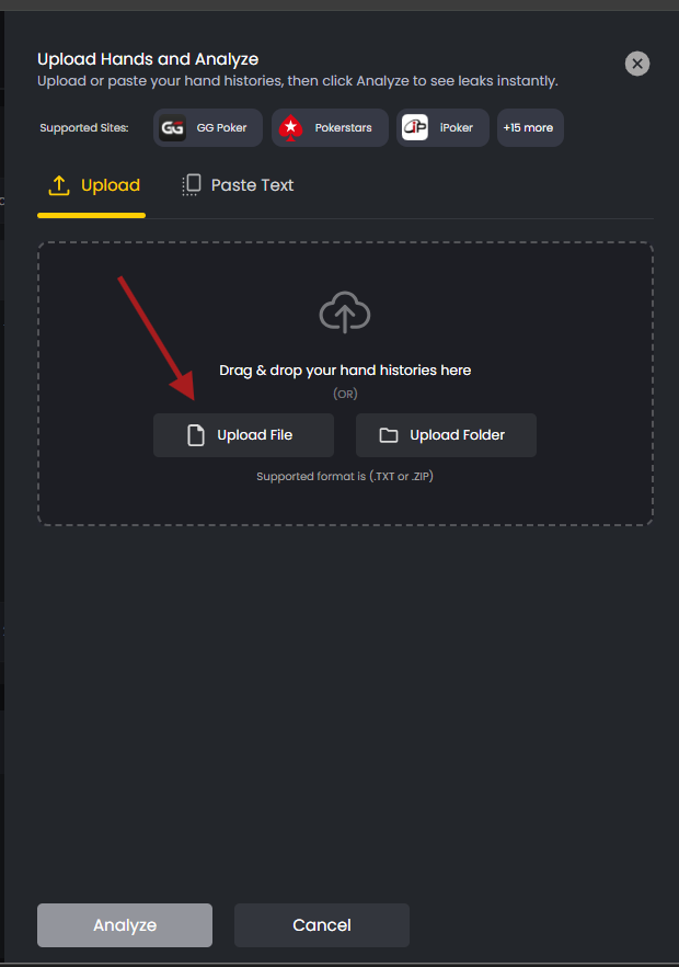 Upload screen highlighting the Upload File button for adding individual hand history files