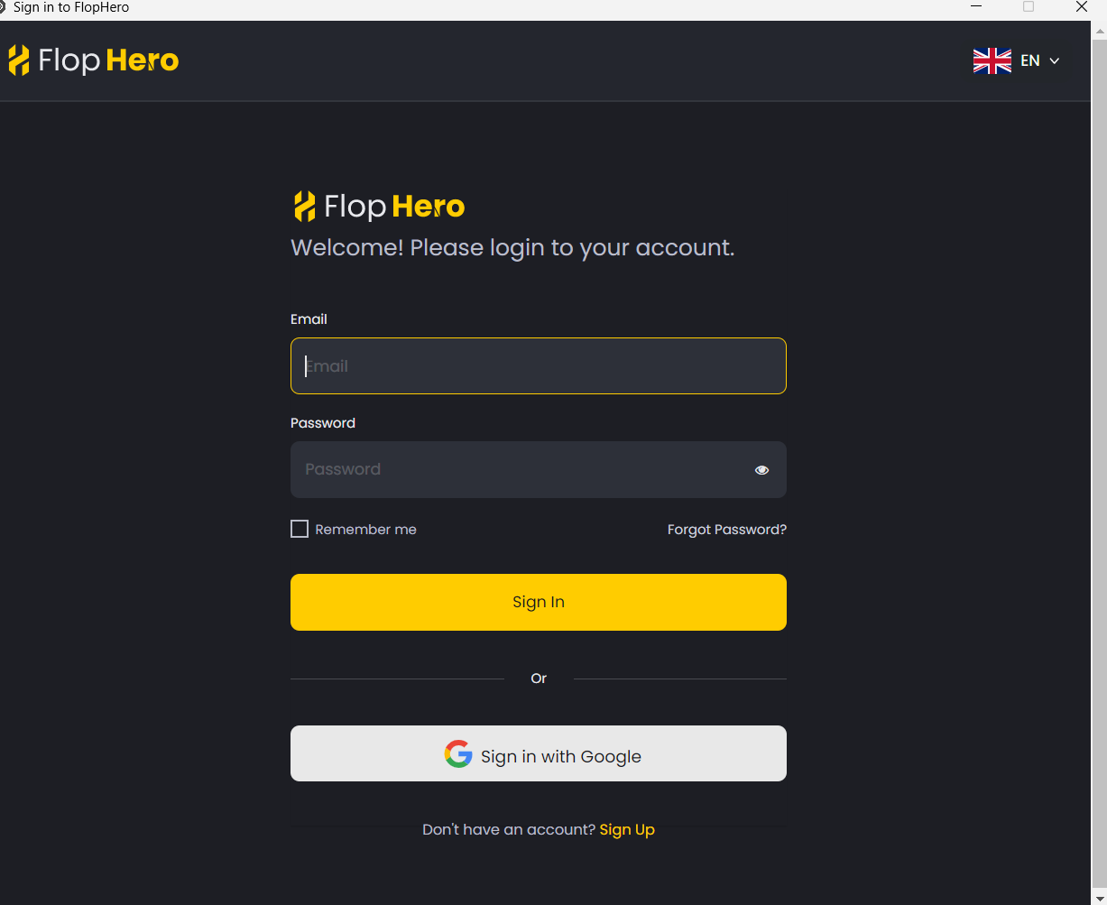FlopHero login window with email and password fields for Live Tracker authentication