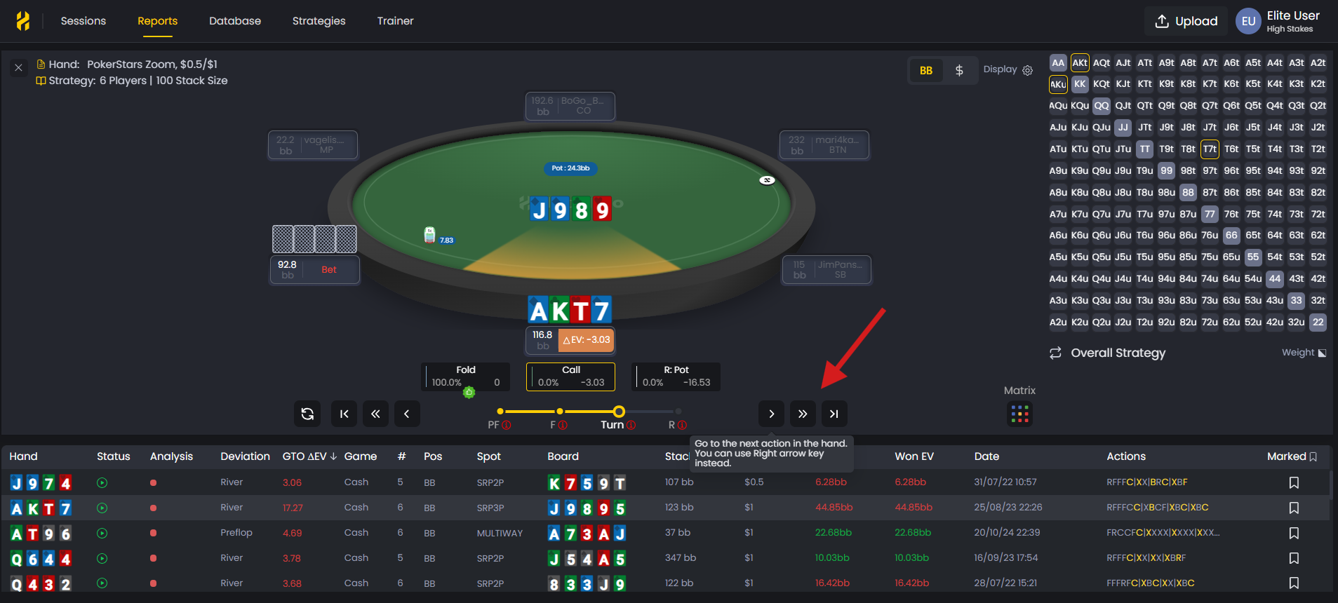 FlopHero Replayer displaying hand in progress with navigation arrow highlighted for moving between actions