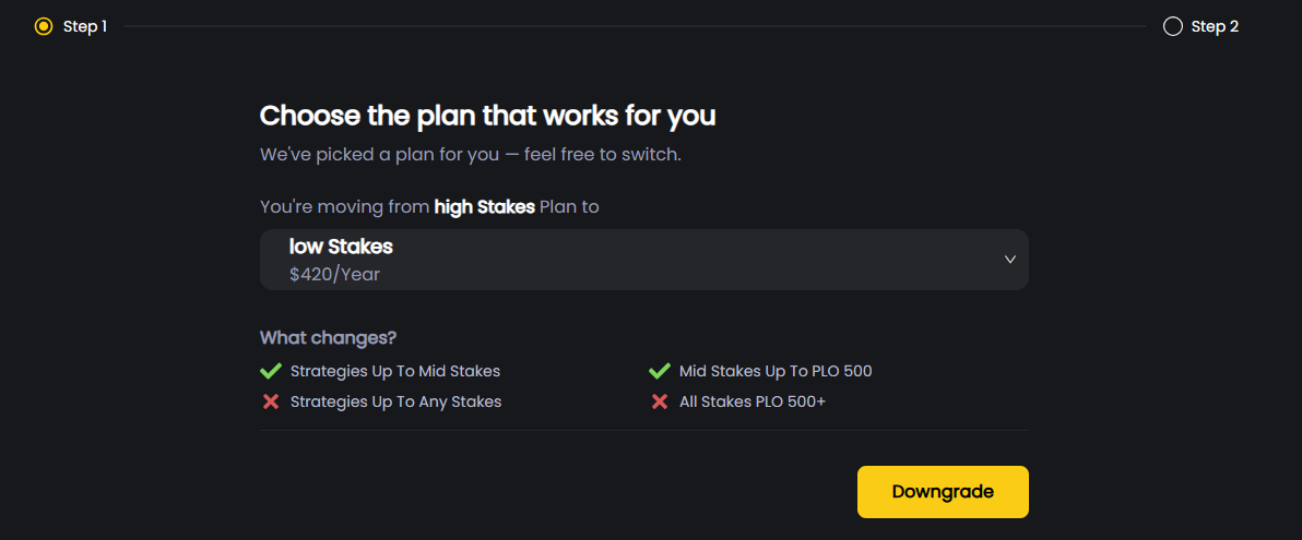Downgrade confirmation screen showing plan change from High Stakes to Low Stakes