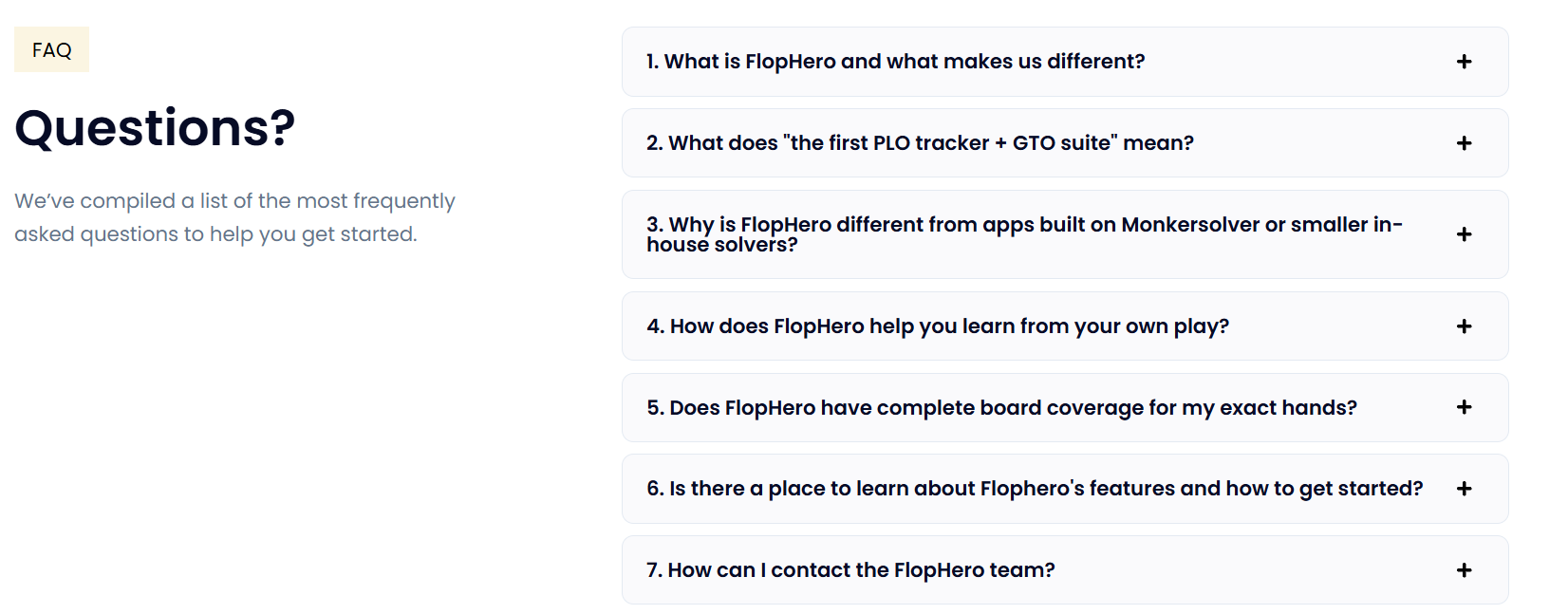 FlopHero FAQ section showing a list of common questions about features and usage
