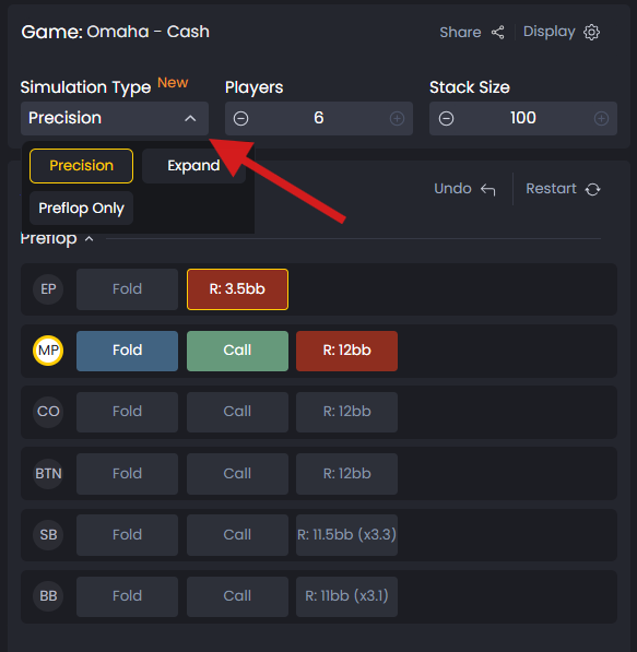 Simulation setup view showing Precision, Expand, and Preflop Only options with highlighted selection