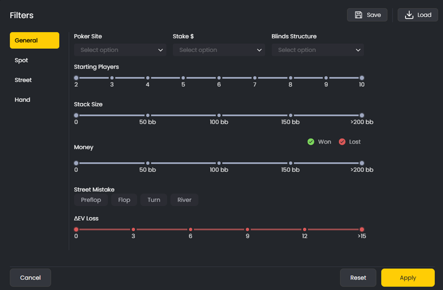 FlopHero Filters panel displaying filter options for poker site, stake, blinds structure, number of players, stack size, money won/lost, street mistake type, and ΔEV loss slider.