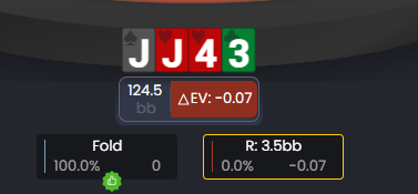 FlopHero Replayer interface displaying a poker hand with J-J-4-3 board, showing ΔEV value and decision options