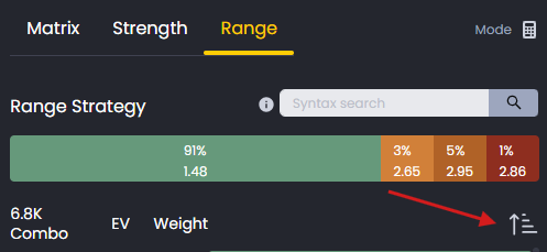 Range tab filters showing EV, Weight, and Flush options for analyzing specific hand categories