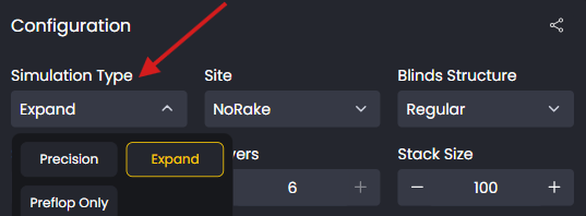 Close-up of the Strategies configuration panel showing the Simulation Type dropdown with Expand selected and Precision and Preflop Only as options.