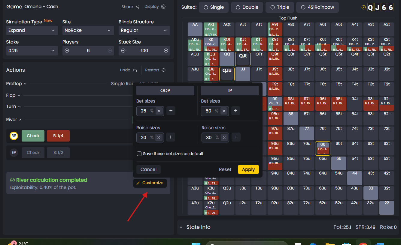 Real Time Solving bet sizing menu displaying adjustable raise and bet size options