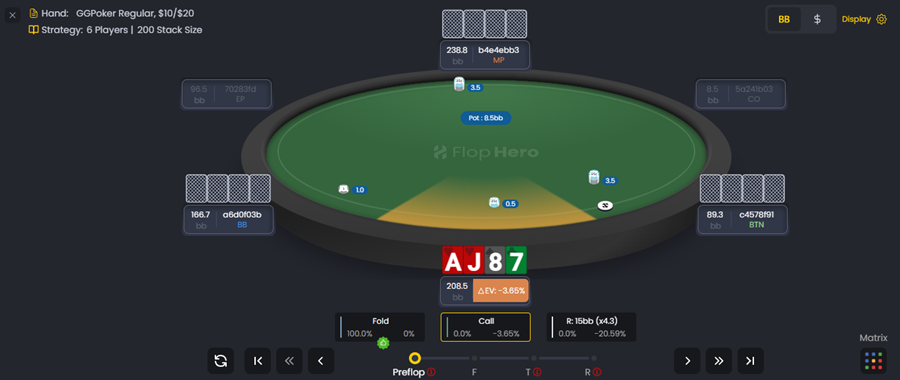 FlopHero replayer table view showing A-J-8-7 and action options.