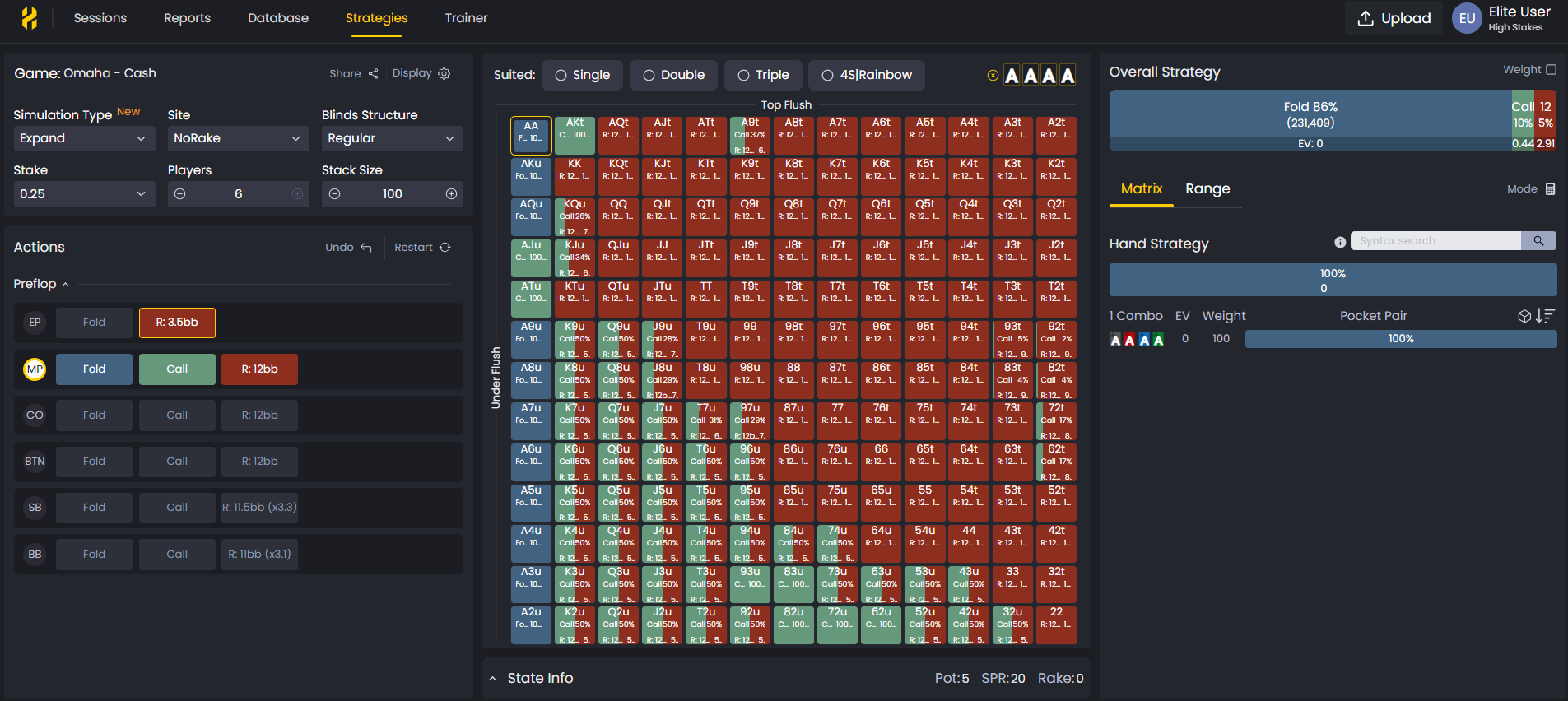 FlopHero Strategies interface showing GTO range matrix with solver frequencies for poker analysis