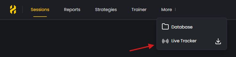 FlopHero top bar menu expanded, highlighting the Live Tracker option for automatic hand importing.