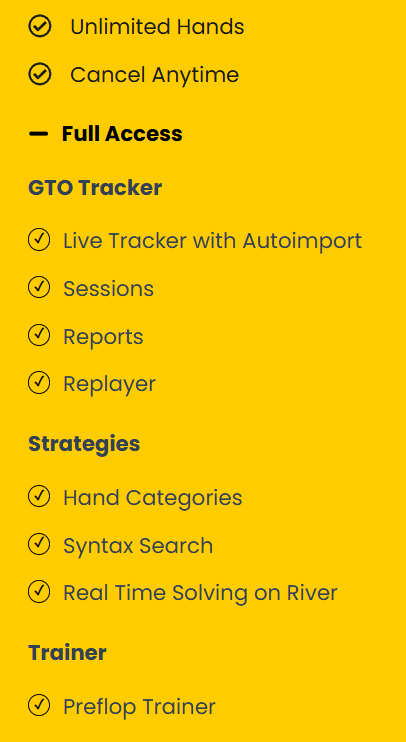 Feature list showing all tools included in the Full Access plan such as GTO Tracker, Strategies, and Trainer modules