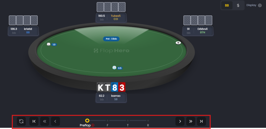 FlopHero hand replayer showing the navigation bar, including action history buttons, street progression indicator, and controls to move forward or backward through the hand.