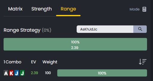 Range tab showing syntax input with multiple hand combinations and EV values