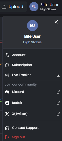 User profile menu showing Account, Subscription, and Live Tracker options