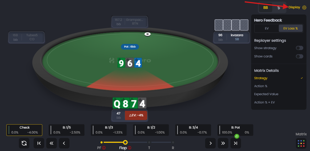 FlopHero replayer displaying a flop decision with Q874 on 9-6-4, showing EV percentages, available bet sizes, and the Display settings panel highlighted.