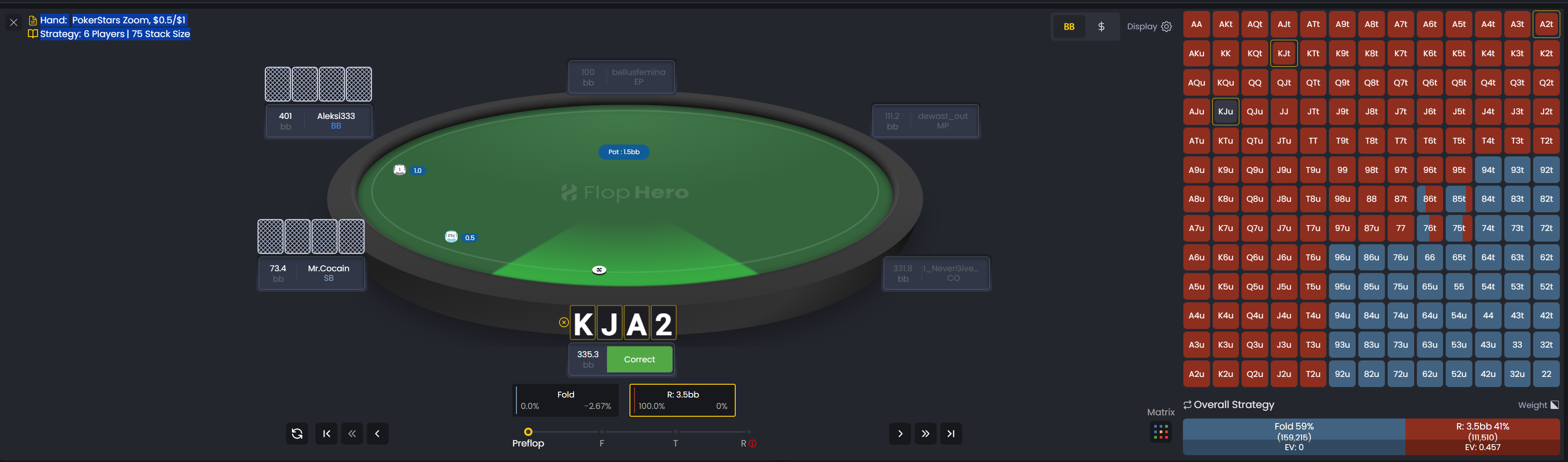 FlopHero GTO Replayer showing poker hand on table with matrix tool active and optimal decision highlighted