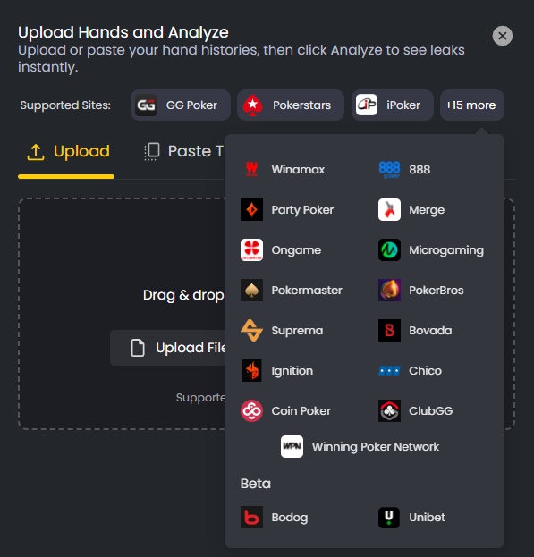 Supported poker site list showing icons for major networks like PokerStars, GG Poker, and Winamax