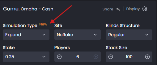 Configuration menu showing simulation type selection with poker site and player count options highlighted