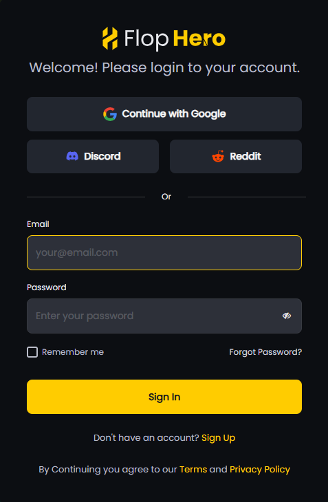 FlopHero login page showing Google, Discord, and Reddit sign-in options