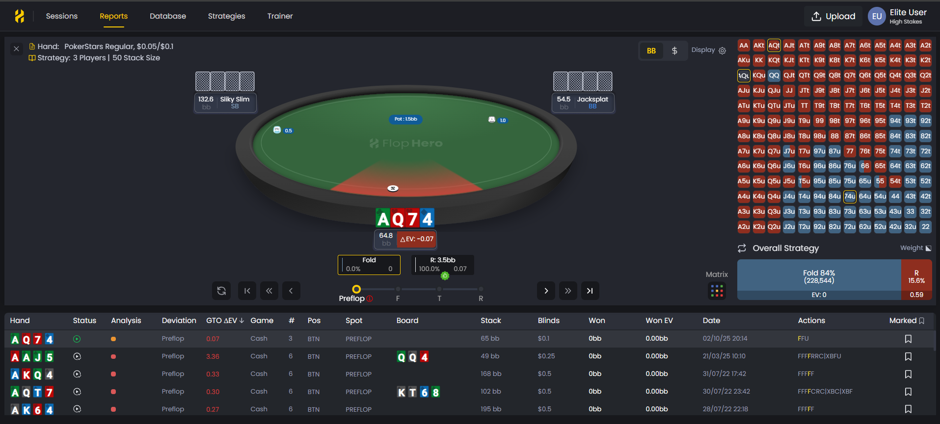 FlopHero Replayer interface showing poker table layout, decision panel, and navigation controls