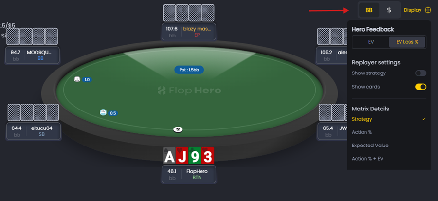 FlopHero Hand Replayer interface with the Display settings panel open, showing options for EV vs EV Loss %, strategy visibility, card visibility, and matrix detail settings.
