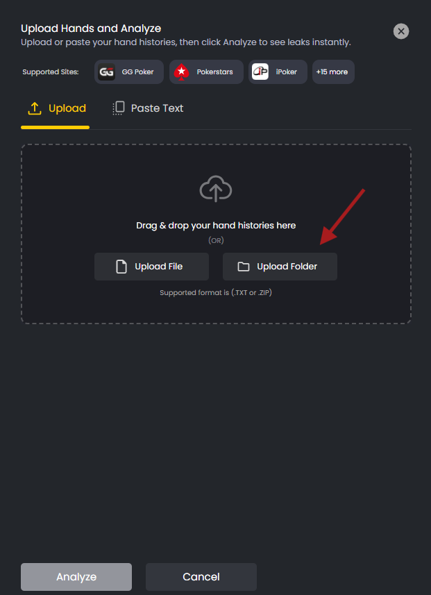 Upload screen highlighting the Upload Folder option for bulk importing poker hands