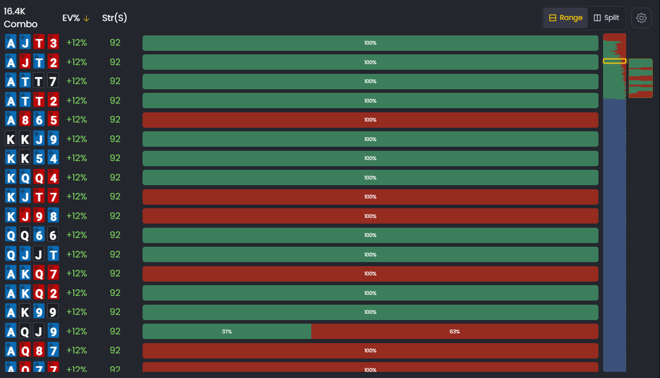FlopHero Range View showing hands filtered with action distribution bars displaying Call (green) and Fold (red) frequencies at 100%