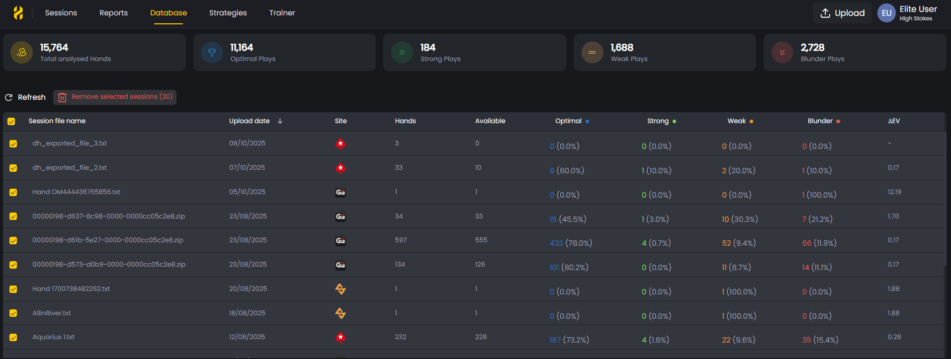 Database view showing multiple sessions selected for bulk deletion in FlopHero