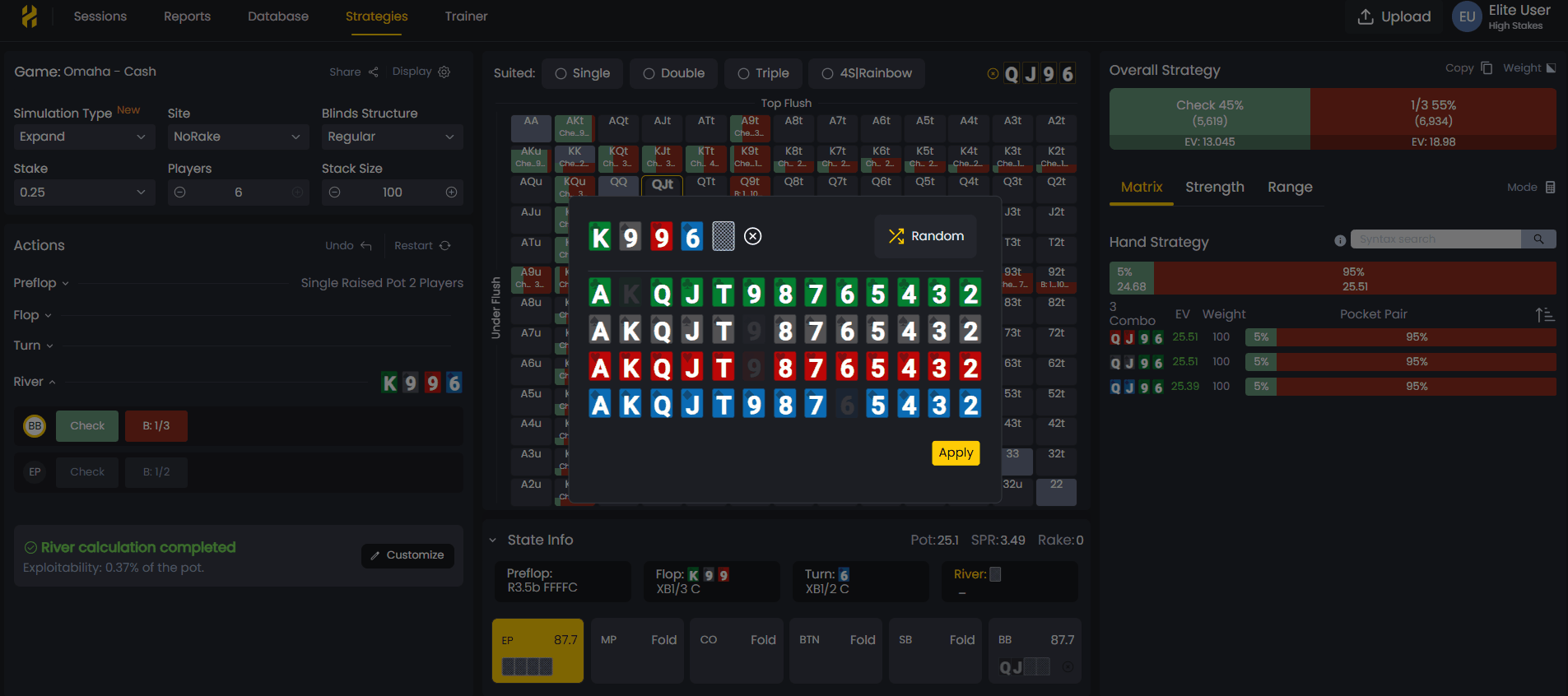 Real Time Solving interface showing river spot analysis with instant GTO feedback
