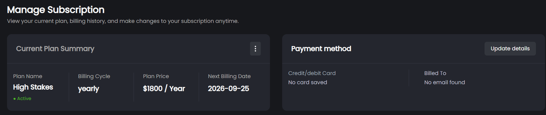 FlopHero subscription dashboard showing current plan, billing cycle, and payment method