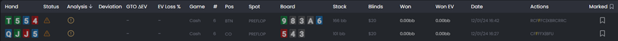 FlopHero hand list displaying two hands with status indicators, analysis type, position, board cards, stack sizes, winnings, and action history.