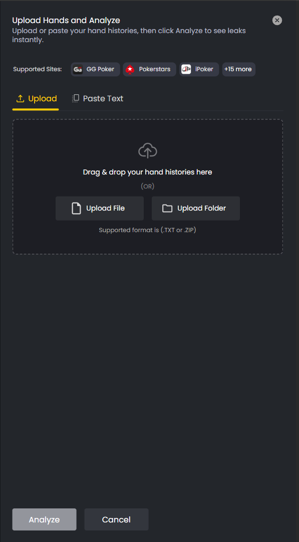 FlopHero upload modal displaying drag-and-drop area and options to upload a file or folder with supported hand history formats.