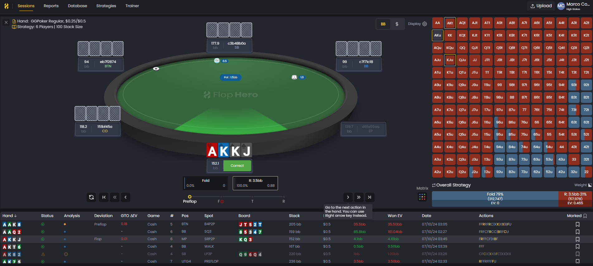 Trainer interface showing replay of poker hand with GTO decisions and feedback options