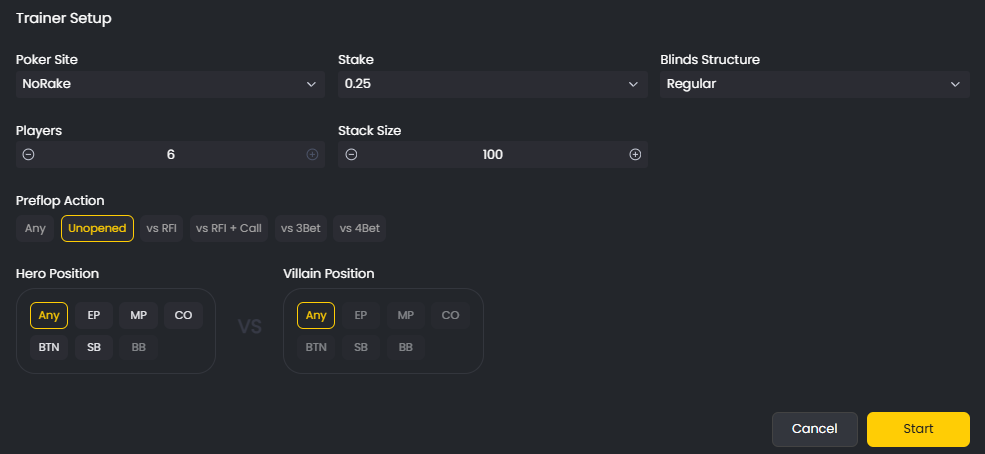 Trainer filter menu showing options for stake, player count, and villain position
