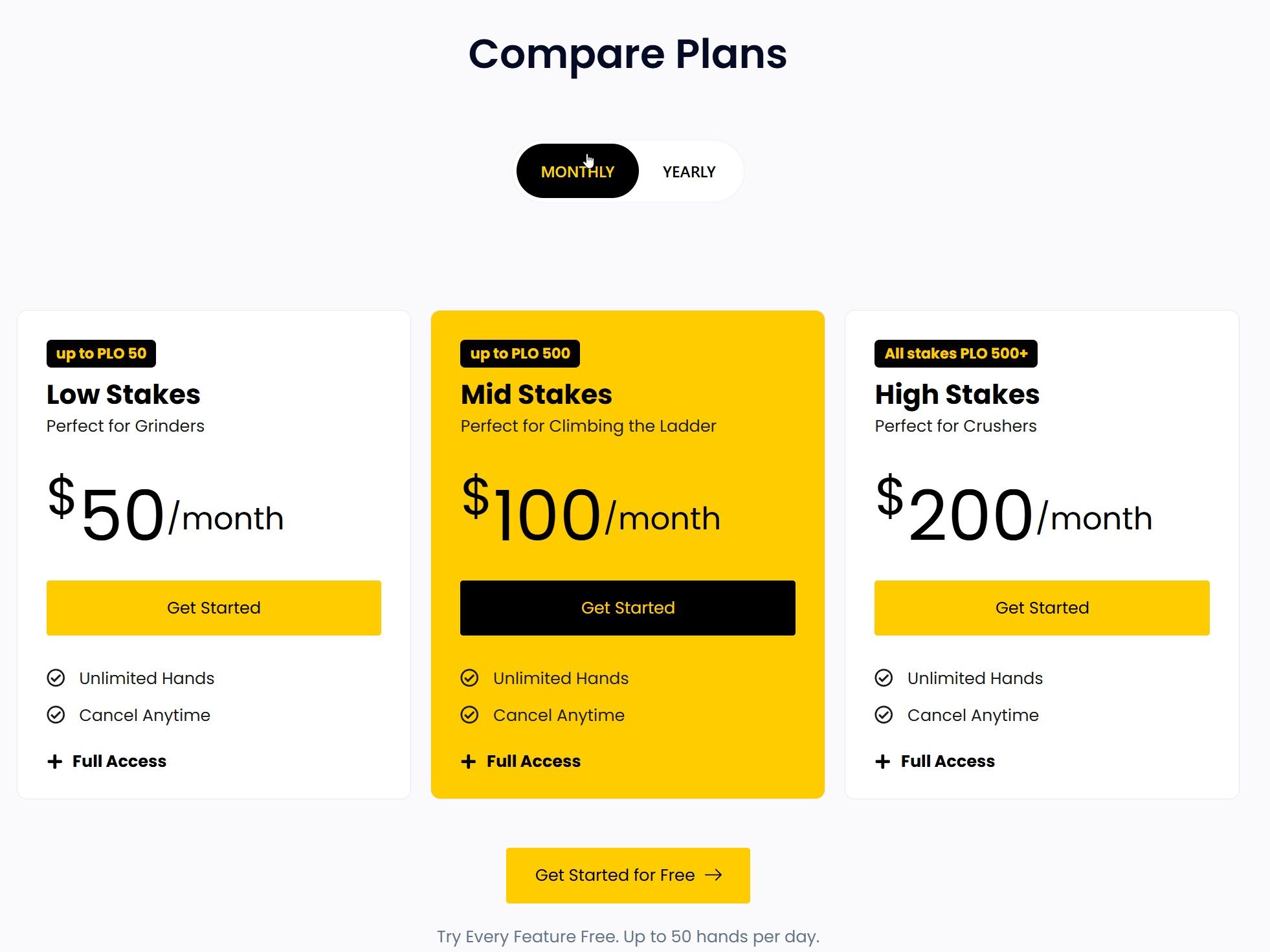 Subscription comparison screen displaying Low, Mid, and High Stakes plans with monthly pricing