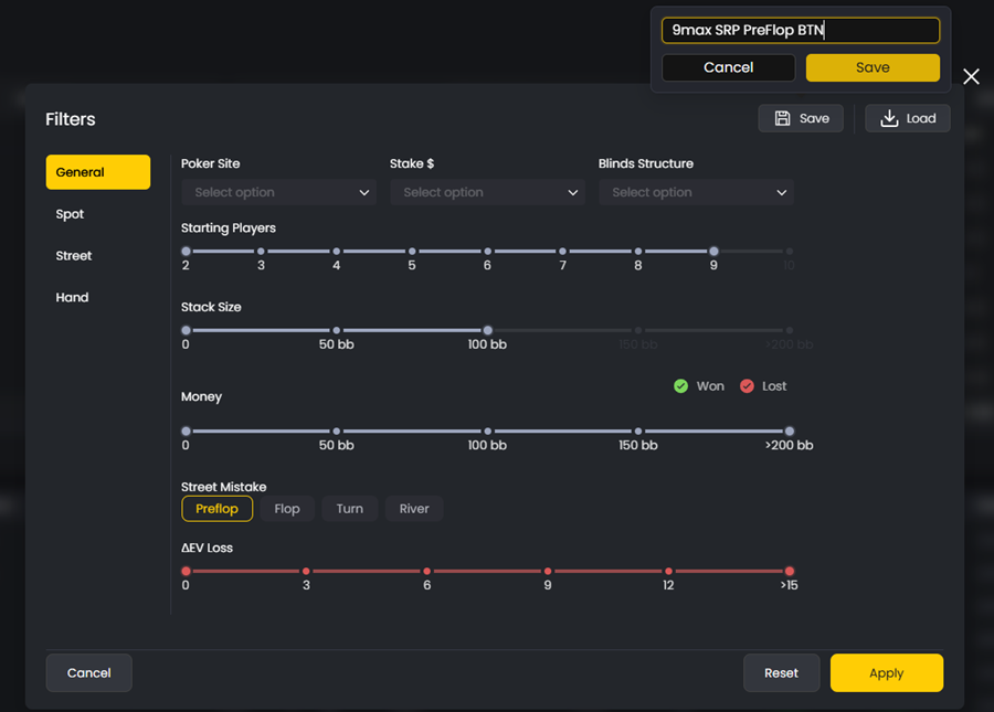 FlopHero Filters panel showing general filter options for poker site, stake, blinds structure, players, stack size, win/loss, street mistake type, and EV loss slider, with a save preset dialog open.