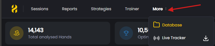 FlopHero top navigation bar with the “More” menu open, showing shortcuts to Database and Live Tracker.