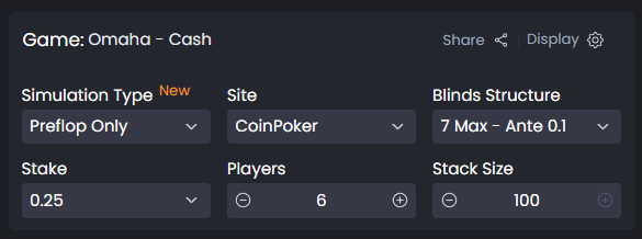 Game configuration panel showing options for poker site, player count, and stack size in the Strategies section