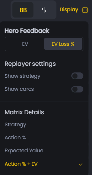 FlopHero Display settings panel with options to toggle EV vs EV Loss %, show or hide strategy, show or hide cards, and adjust matrix detail settings.