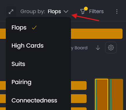 Group by dropdown menu with options: Flops, High Cards, Suits, Pairing, and Connectedness.