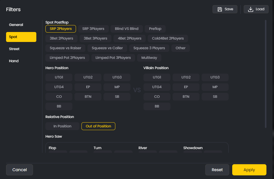 FlopHero filter panel combining multiple parameters such as SPR, position, and preflop action