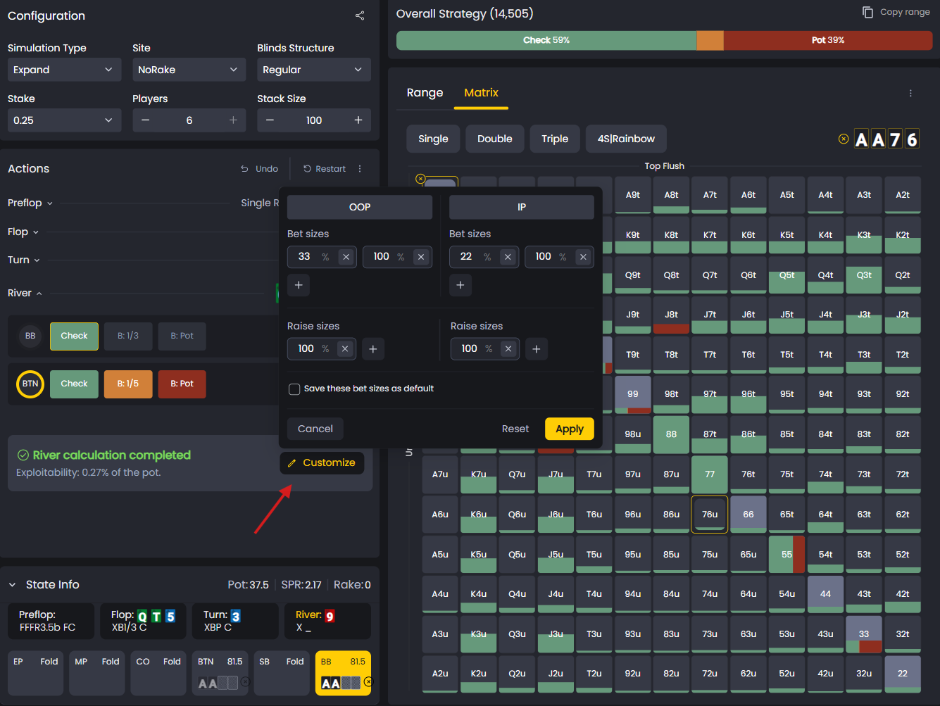 FlopHero Strategies screen with the “Customize” panel open, showing adjustable OOP and IP bet sizes before applying them to the strategy.