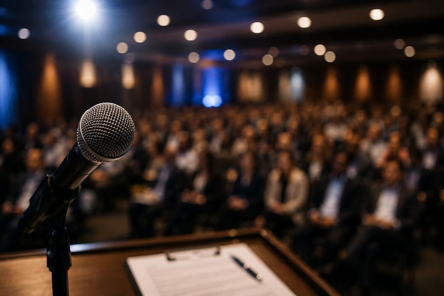 mic on a podium with audience in background