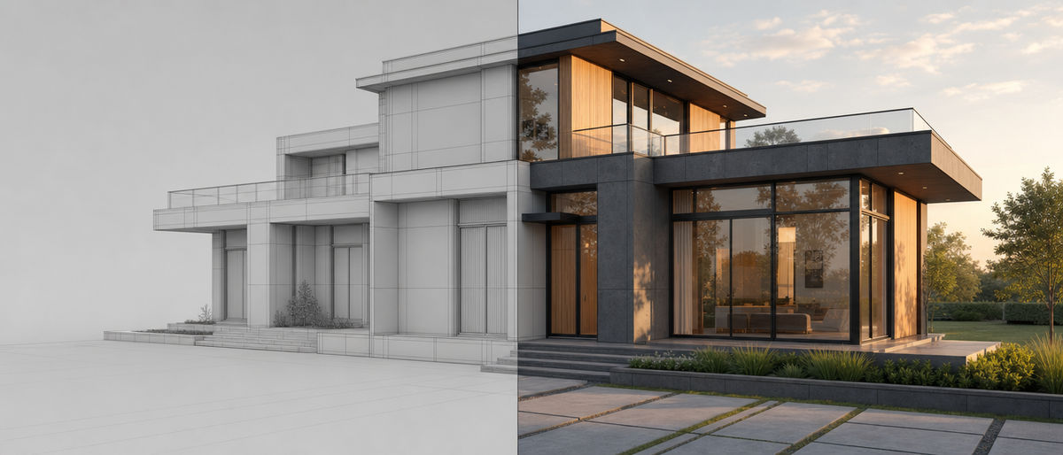 Split image of the same house: untextured clay render on the left, photoreal render on the right