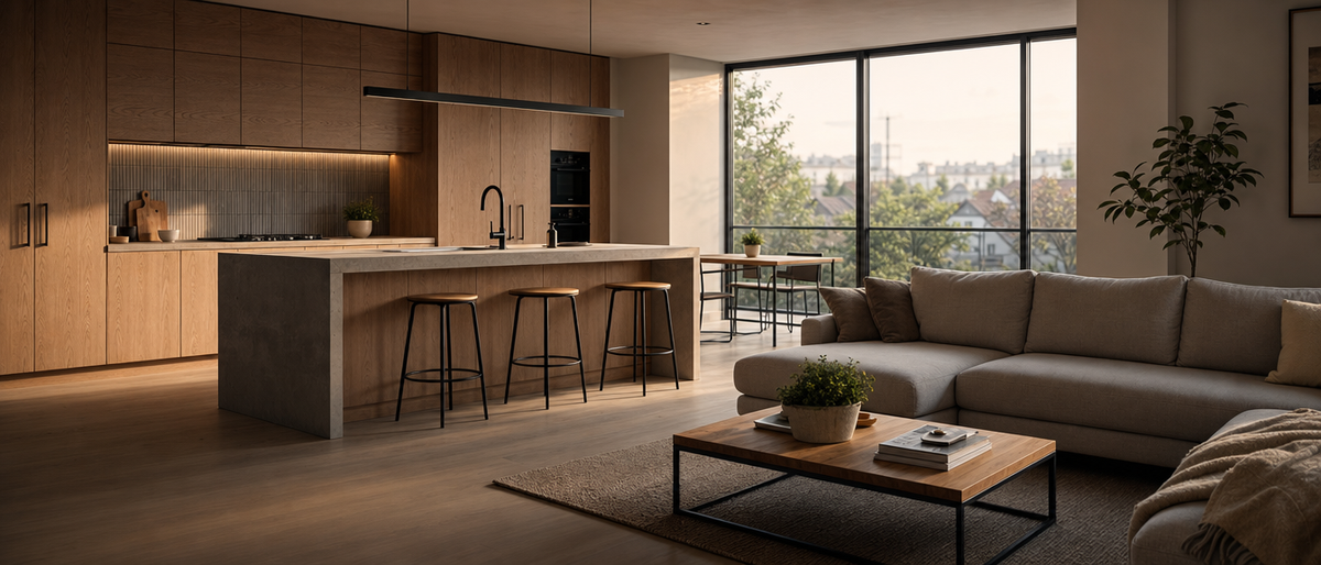 Warm open-plan kitchen and living room interior architectural render