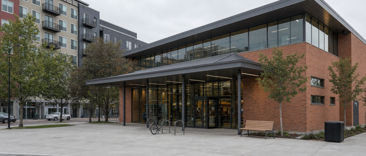 Contemporary public library on an ordinary daylight street, with a neighboring building and street context