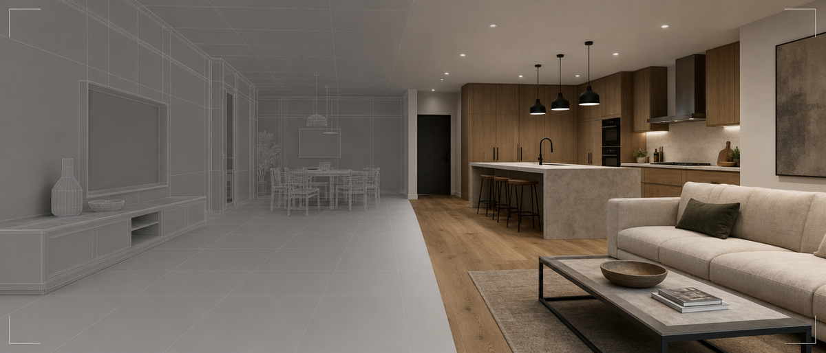 Interior render mid-transition from grey clay model to finished materials, real-time viewport style
