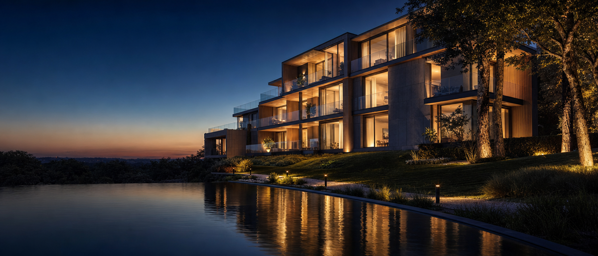 Modern residential building glowing warm at blue hour, exterior architectural render
